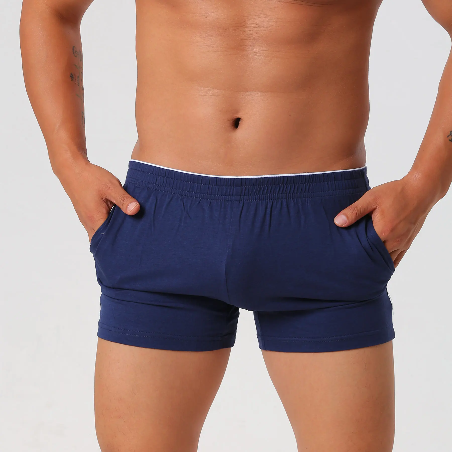 

Мужские домашние шорты с карманами, свободные и удобные хлопковые брюки для сна, сексуальные однотонные мужские шорты