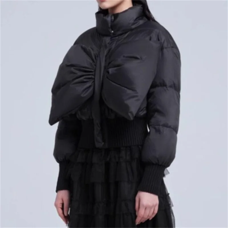 

Women's Black Cropped Puffer Jacket - Stylish Puffer Coat with Stand Collar, Ruched Detail & Knitted Cuffs, Warm Winter Jacket