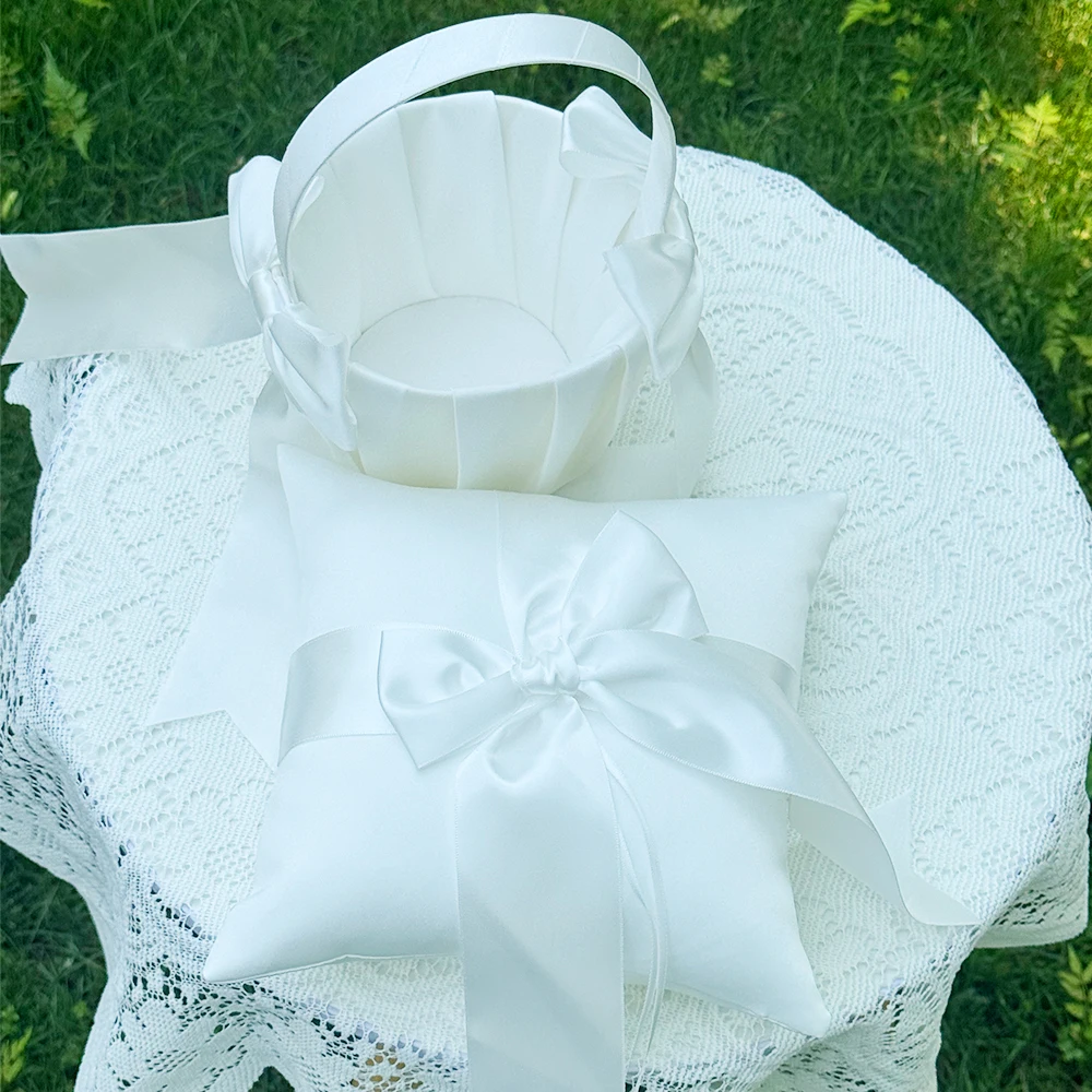 

Wedding Flower Girl Basket & Ring Bearer Pillow with Satin Bow, Ceremony Ring Holder for Bridal Shower Anniversary Party Decor
