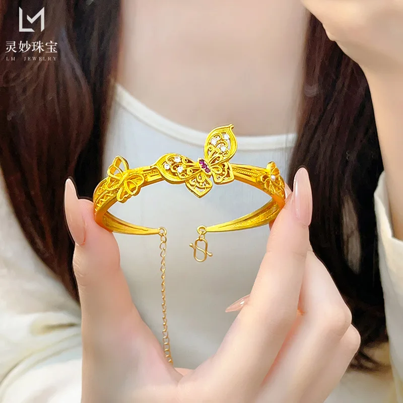 

9999 dreamy butterfly filigree bracelet first love 24K real gold dotted diamond pearl exquisite hollow bracelet gift