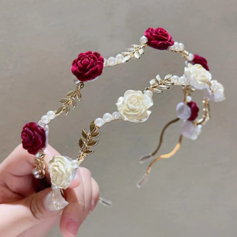 

Vintage Elegant Rose Pearl Headband Hair Accessories Headdress Girls Vintage Metal Flower Pearl Red White Rose Tiara Hairbands