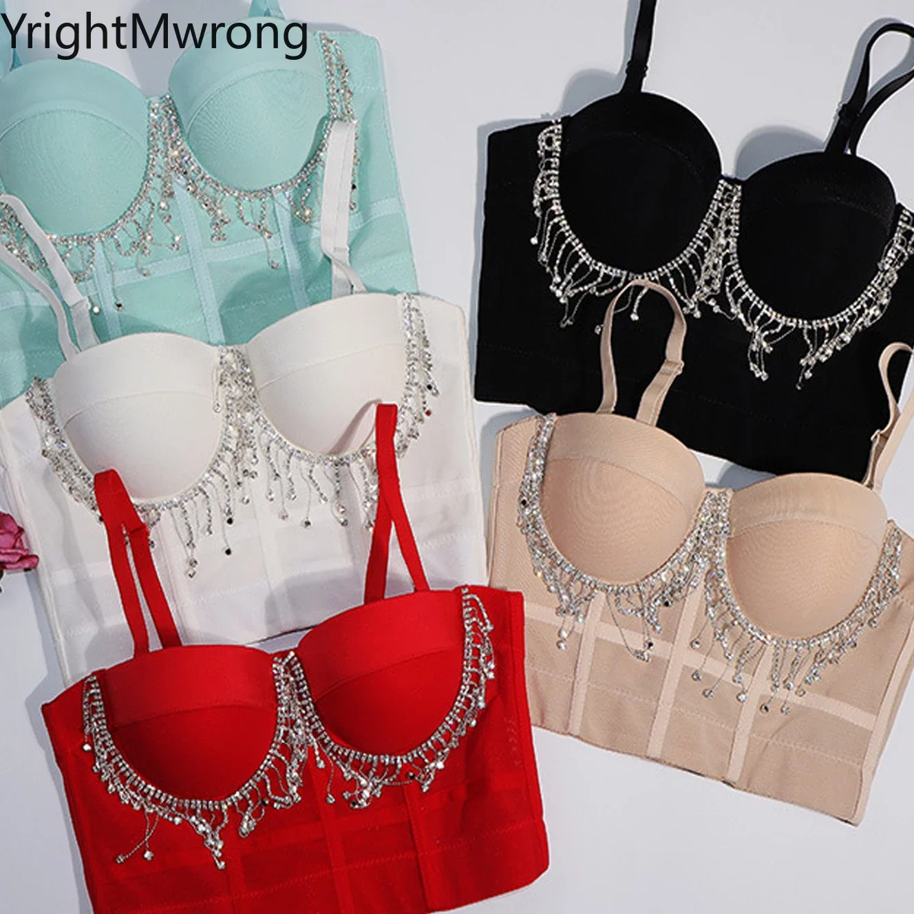 

Quality Crystal Rhinestone Tassel Padded Chest Push Up Bralette Crop Top Luxury Party Club Ballroom Stage Sexy Fashion Corset
