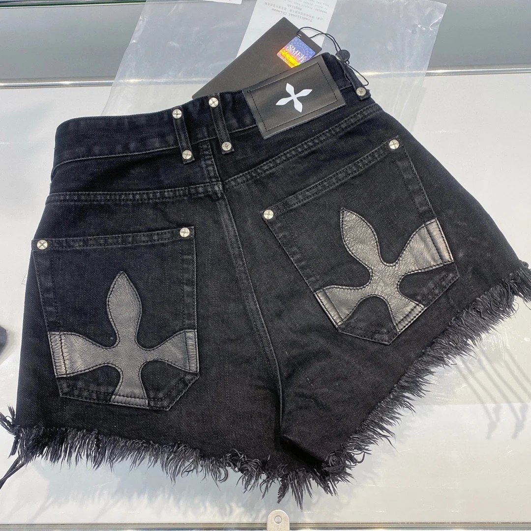 

Summer Women's Cross Stitched Bohemian Frayed Jeans Shorts High Waist Wide Leg Casual Hot Pants Cotton Stretch Denim