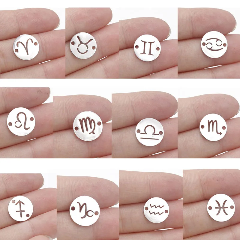 

12pcs/lot 12mm Mirror Polished Stainless Steel Round Zodiac Charms Constellations Connector Charms For DIY Bracelet Making