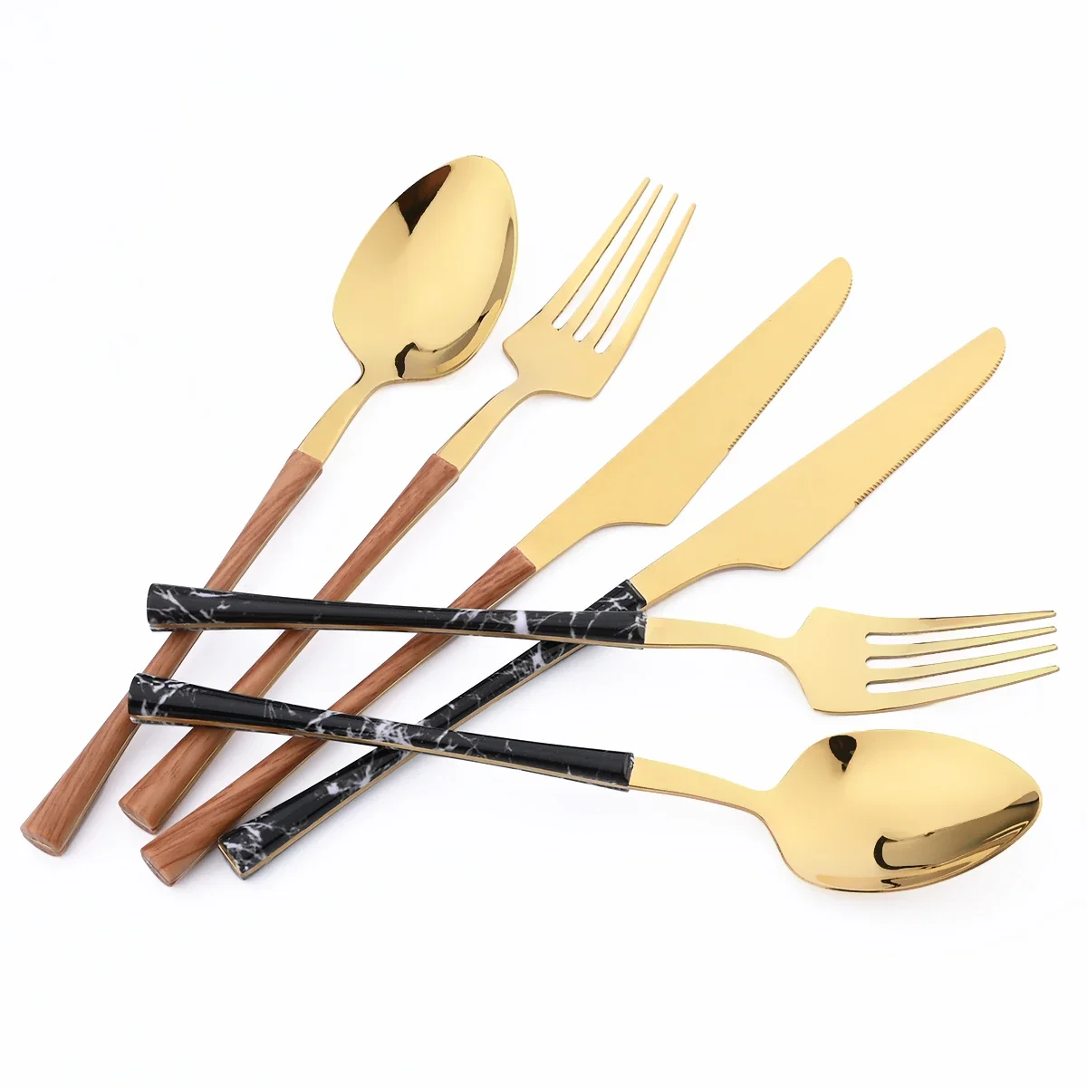 30pcs Brown Gold Stainless Steel Cutlery Set Knife Fork Tea Spoon Dinnerware Imitation Wood Handle Tableware Kitchen Silverware