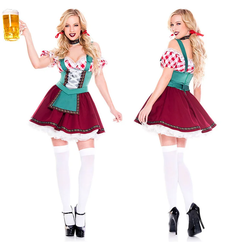 

Halloween Oktoberfest Costume Women's Maid Dress Short Bavarian Dress Bar Girl Sexy Dance Dress Green Red Plaid