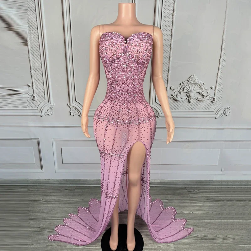 Women Evening Tailed Dresses Full Rhinestones Party Dress Singer Catwalk Outfit Festival Costumes Stage Wear