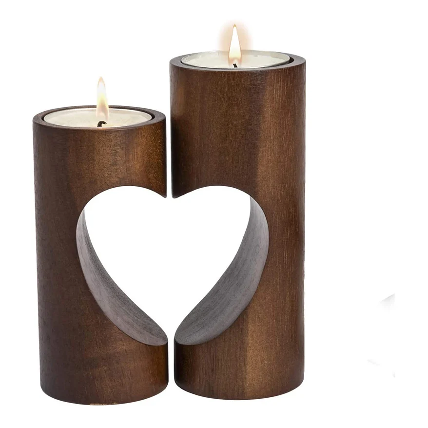 ChasBete Romantic Tea Light Candle Holders Decorative, Wood Tealight Candle Holder Set of 2 Unity Heart Pedestal for Home