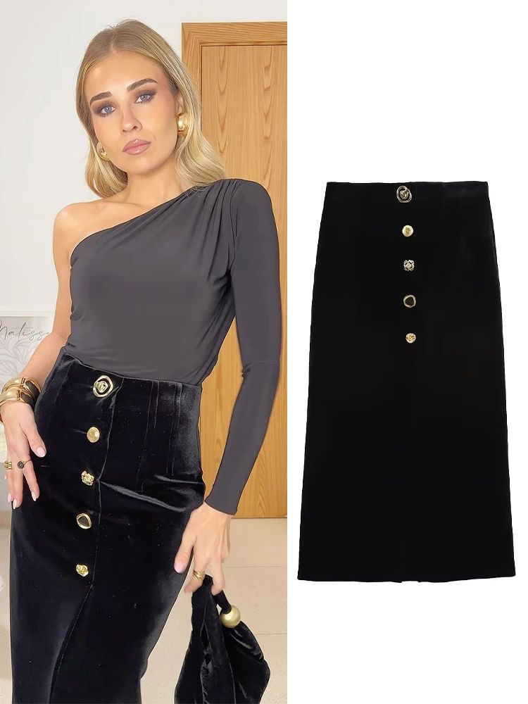 

TRAFZA Female High Street Long Skirt Black High Waist Buttons Single Breasted Decorate Zipper Autumn Skirts Woman Trendy