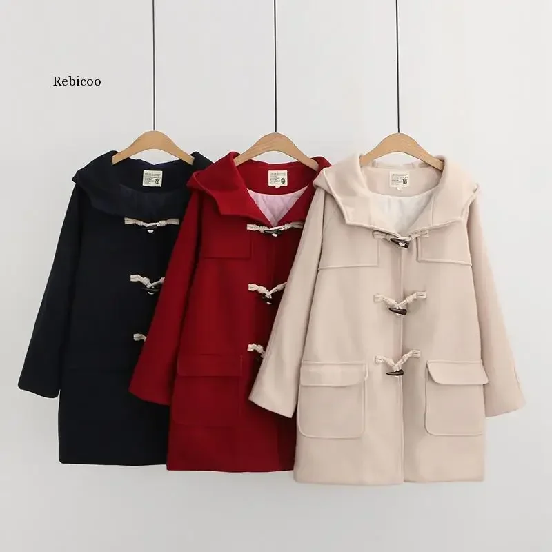 

Women Long Wool Blends 2024 Winter Loose Warm Coat Hooded Wool Coats Office Work Wear Horn Button Legant Coat