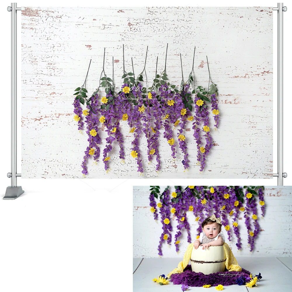 Purple Floral Brick Wall Backdrops Girl Kids Photography Birthday Cake smash Props Party Decors Adult Portrait Garden Background image 4
