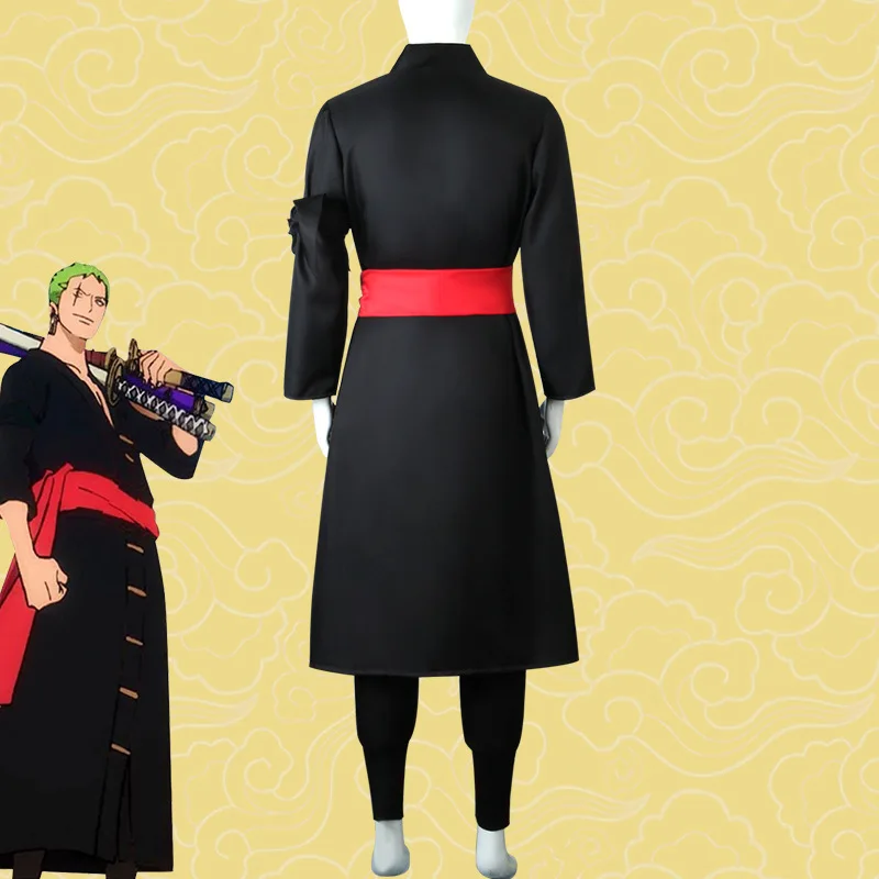 Anime Roronoa Zoro Cosplay Kostuum Een Stuk Zwart Uniform Kimono Pruik Jas Riem Broek Past Halloween Rollenspel Kleding Voor Mannen