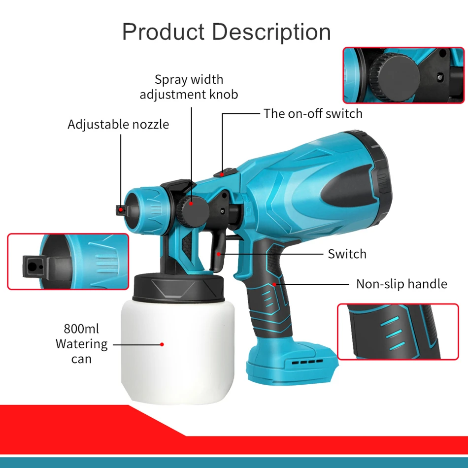 KAKYOIN 800ML Electric Spray Gun Cordless Paint Sprayer Auto Furniture Steel Coating Airbrush Compatible For Makita 18V Battery