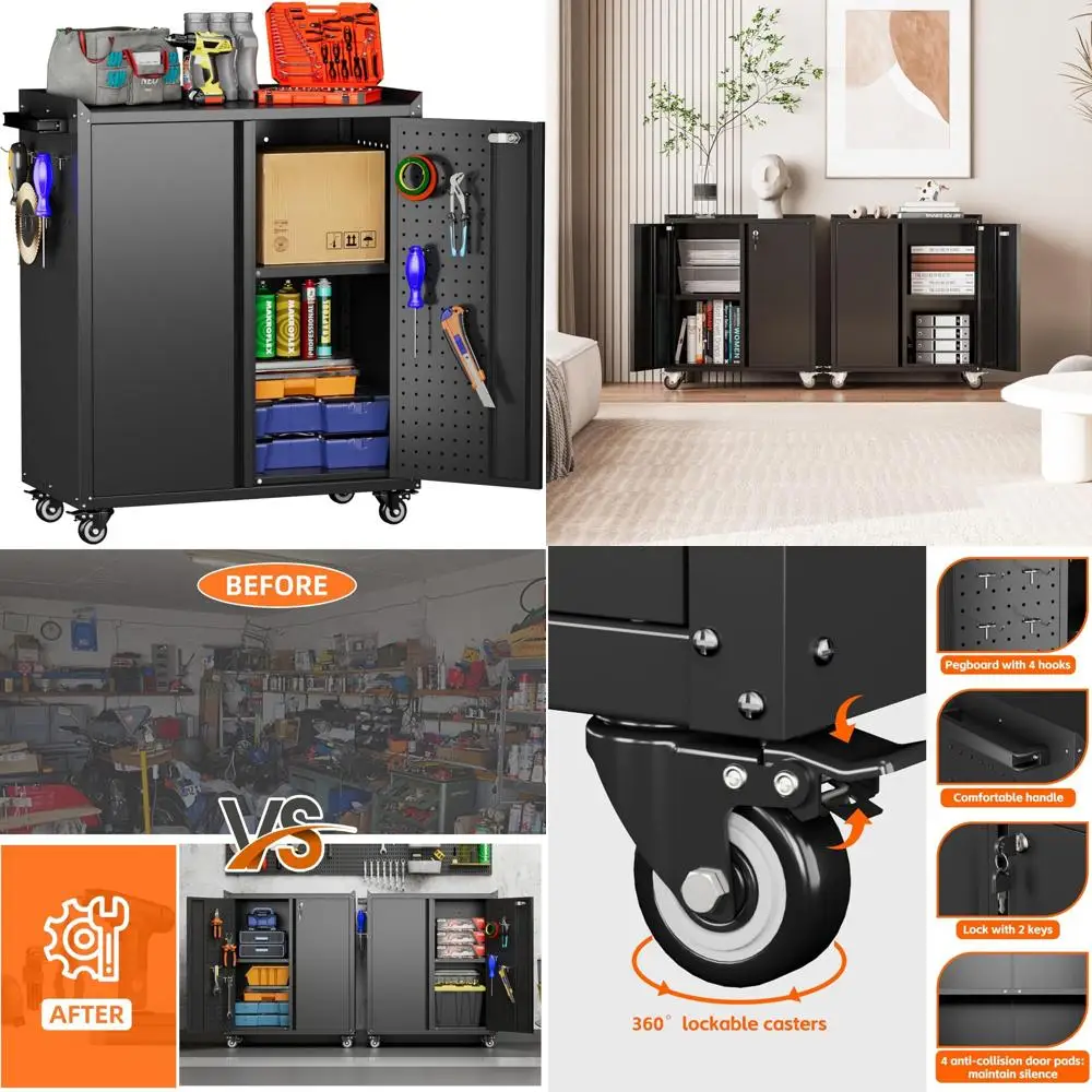 Aobabo 2-дверный металлический шкаф для хранения инструментов на колесах, запирающий стальной шкаф для инструментов на колесиках, гаражный шкаф для хранения с 1 полками, A