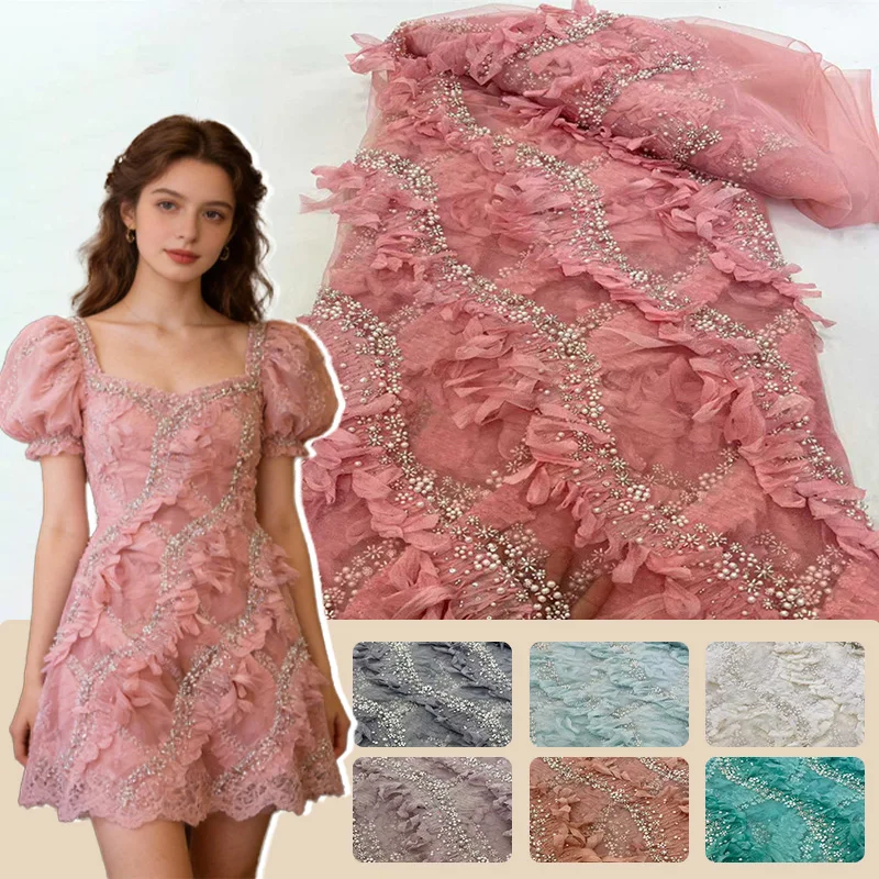 

5Yard Ultra Delicate Soft Mesh Lace Fabric Quality Elegant Chiffon Lace with Stones for Handmade DIY Sewing Party Evening Dress
