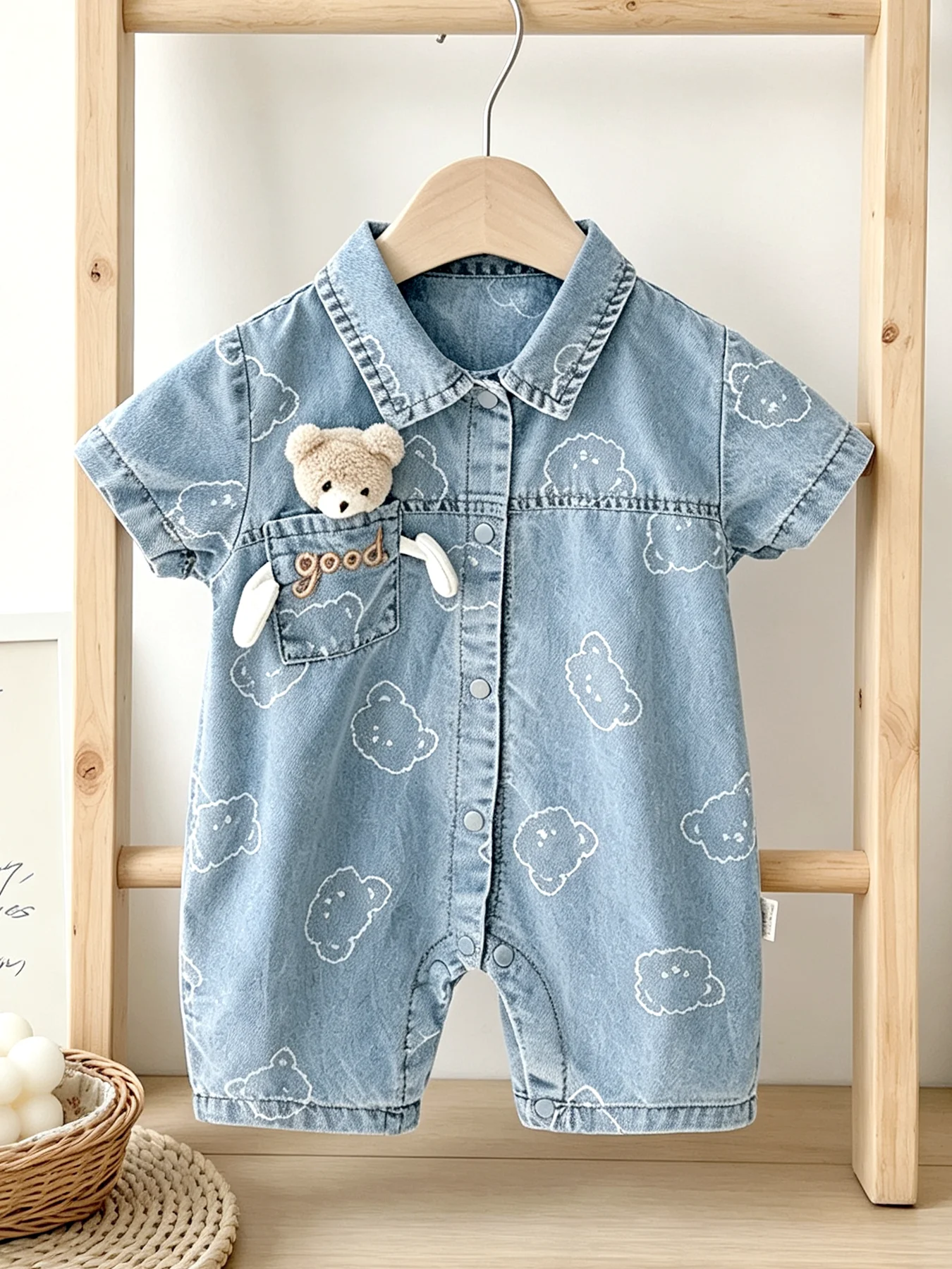 Baby Boy Short-Sleeve One-Piece Romper with Collar and Bear Embellishment—Stylish Spring/Summer Outfit for Infants and Toddlers