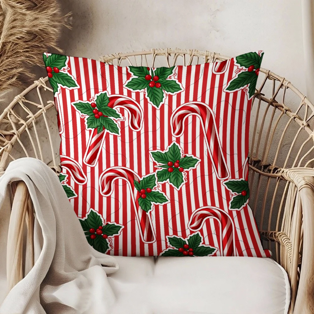 Square Throw Pillow Case Red And White Striped Candy Cane Holly Berry Print Christmas Decorative Cushion Cover For Sofa Chair Li