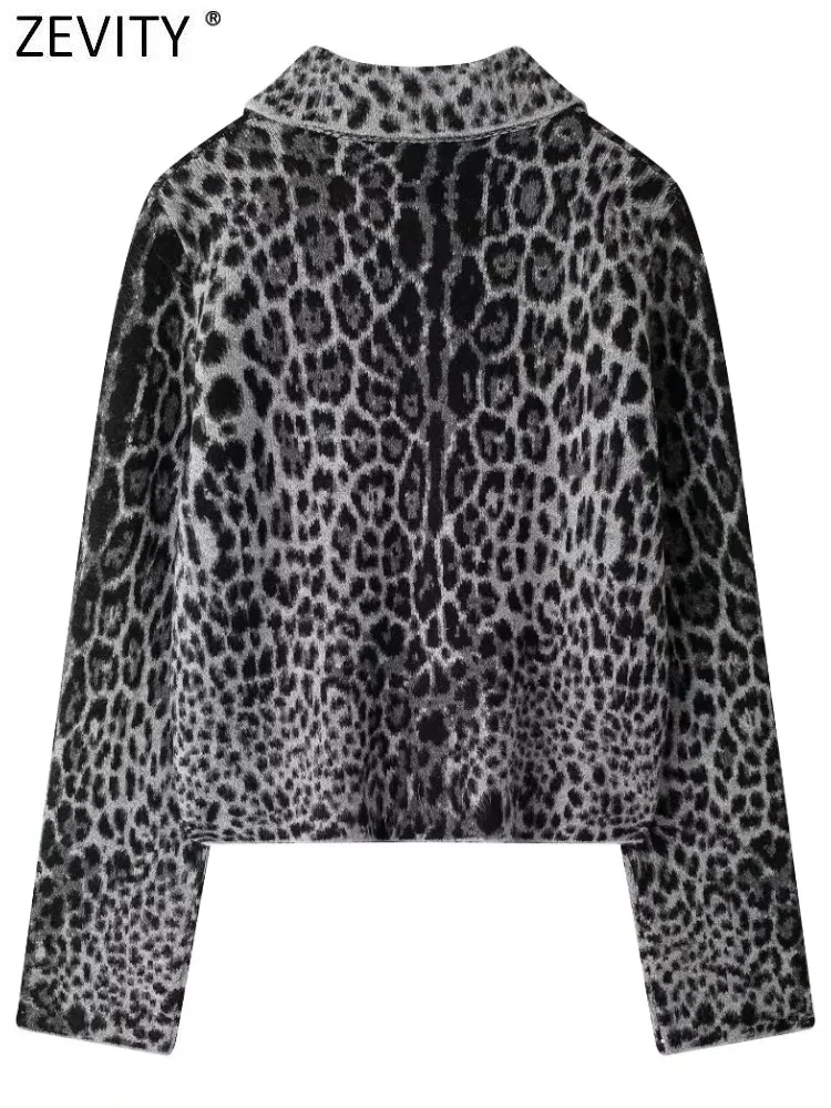 ZEVITY Women Fashion Safari Style Leopard Print Knitting Casual Jacquard Jacket Female Chic Outerwear Autumn Coat Tops CT7172