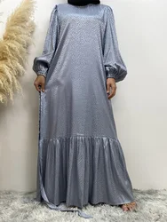 Elegant Eid Print Muslim Dress for Women Satin Ramadan Arabic Femme Jalabiya Clothes Islamic Turkish Evening Party Dresses