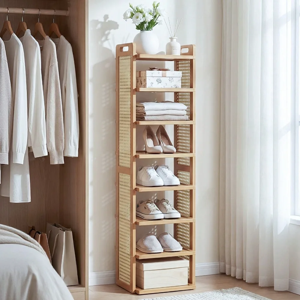 

8-Tier Bamboo Vertical Shoe Rack, Breathable Mesh Organizer With Top Handle For Entryway/Doorway