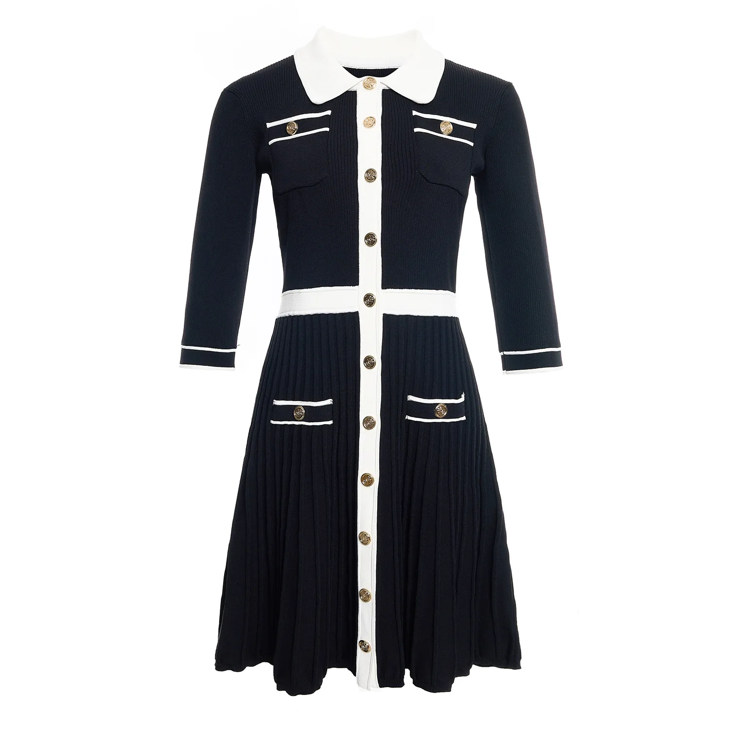 2025 Summer Women's Dress Color Clash Half Sleeve Knitted Dresses Polo Neck Single-breasted A Line Skirts Slim Elegant Clothing