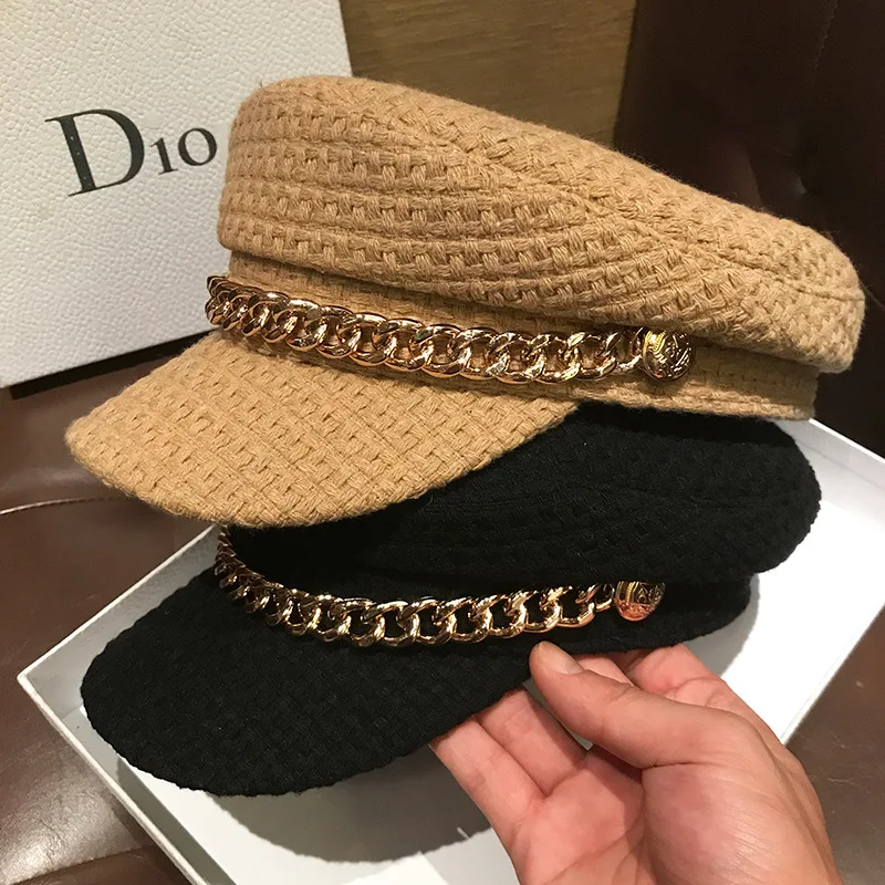 Autumn And Winter Women\'s Fashionable And Versatile Vintage Chain Duck Hat Casual Flat Hat Painter Warm Octagonal Beret Hat C41