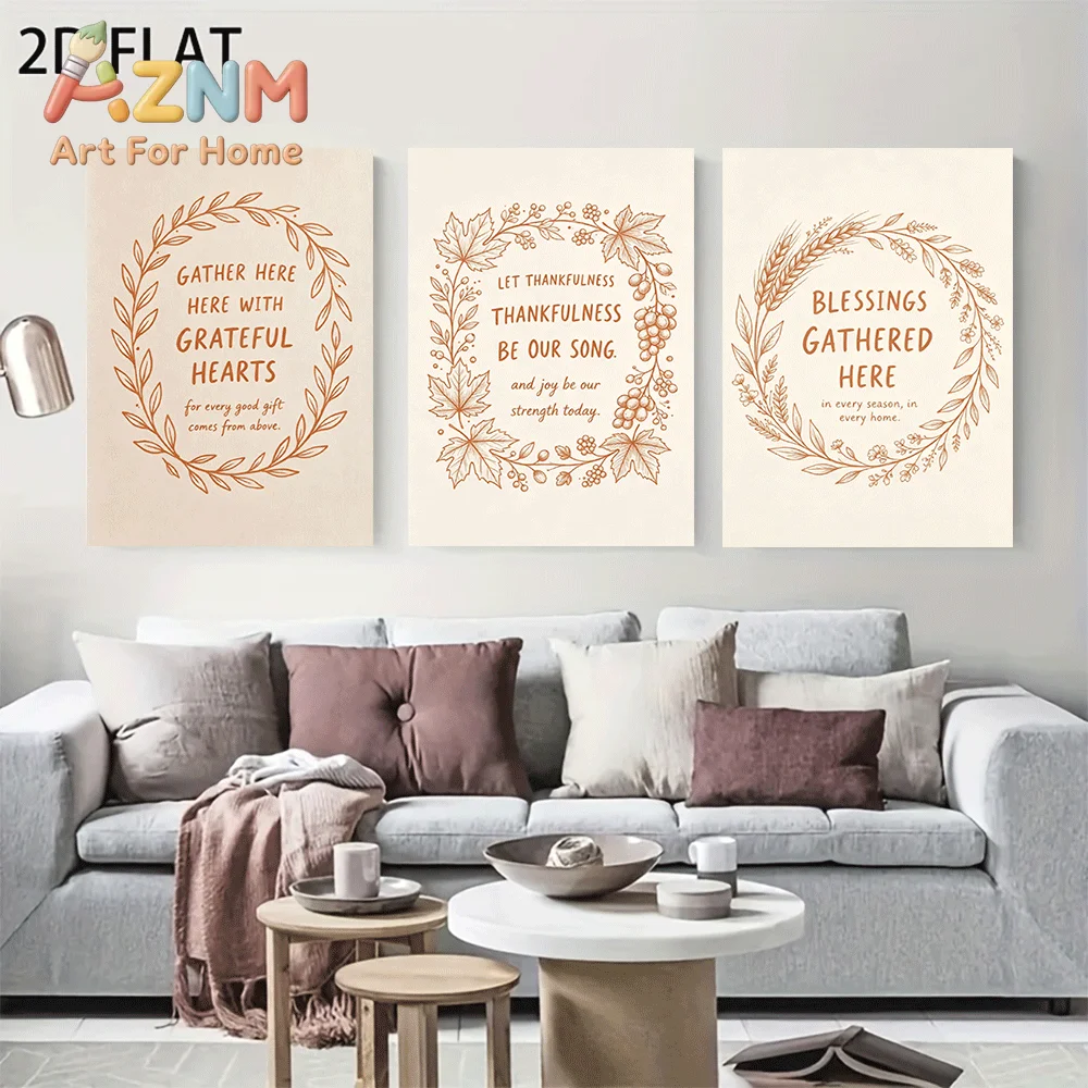 AZNM Frameless Canvas Wall Art, Thanksgiving Wreath Quote Text Print, Maple Leaf Wheat Harvest Grateful Blessing Words Art Poste