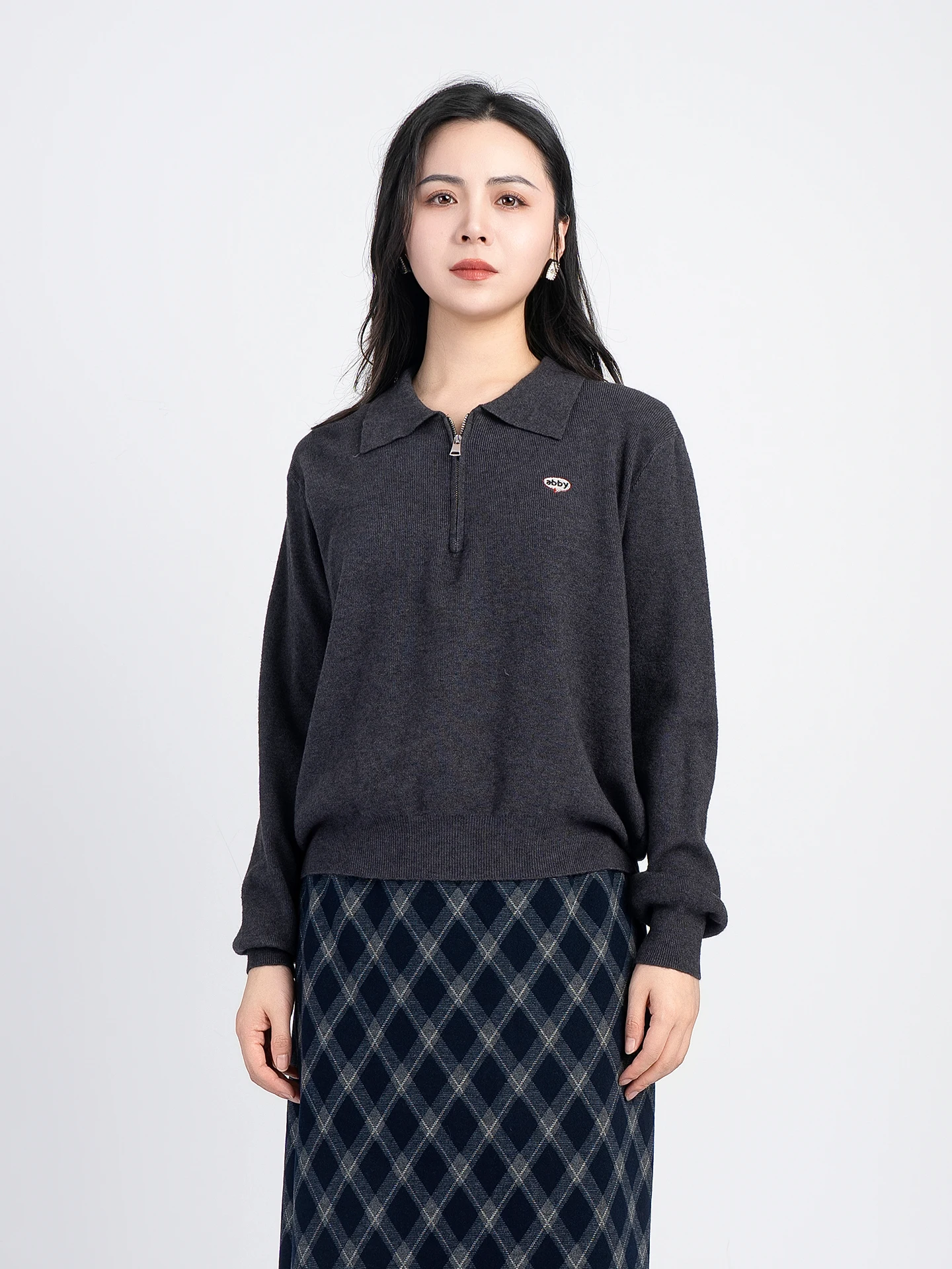 

Вязаный топ Ele Long Sve с молнией и вышивкой, отложным воротником, универсальный, новинка весенней коллекции, женская мода