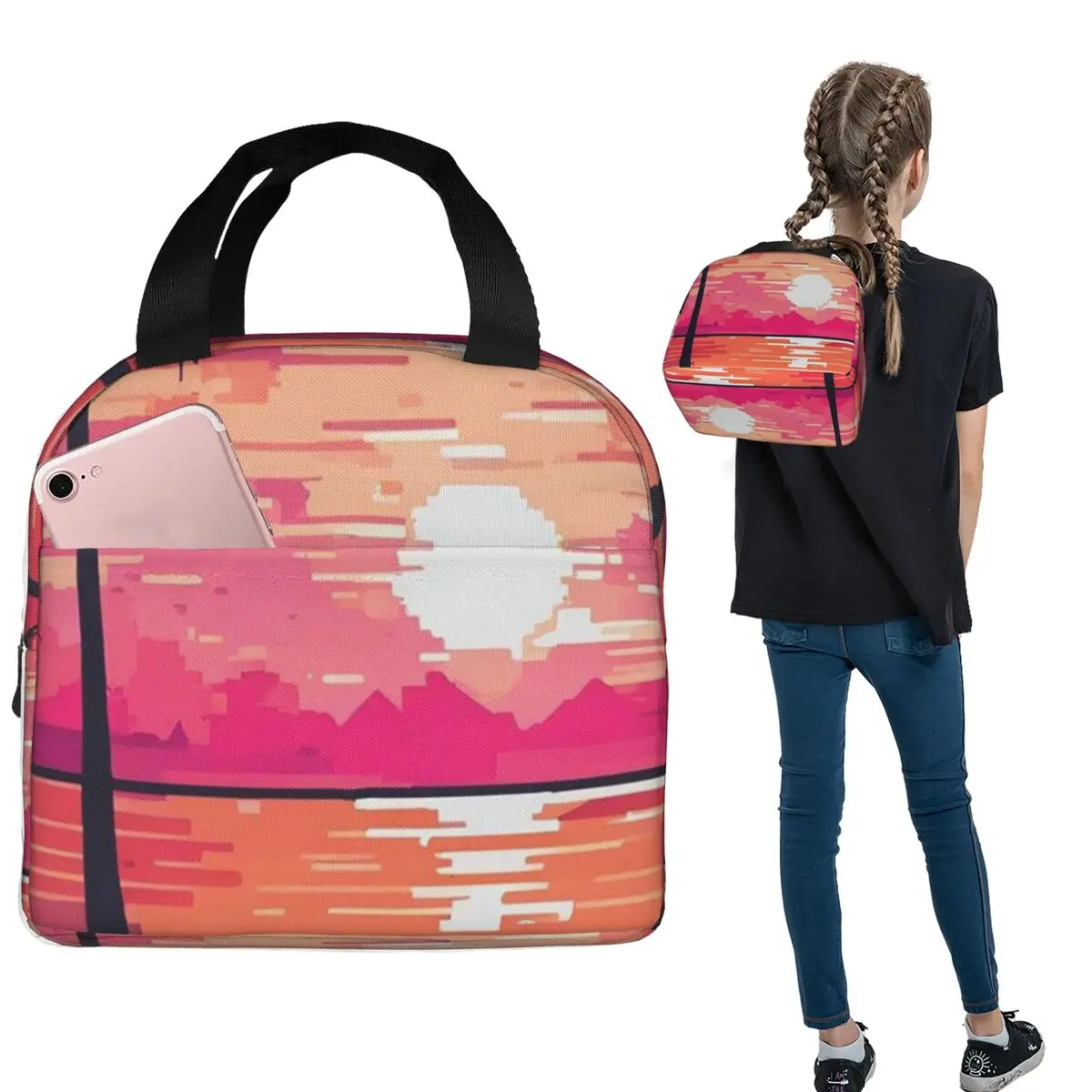 

Летняя пляжная термосумка для обедов с дизайном пальм и заката, для женщин и детей, портативный термоконтейнер для еды, сумка-тоут