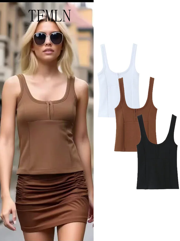 

TFMLN 2025 летние женские вязаные топы на бретелях, модные повседневные тонкие рубашки без рукавов с квадратным воротником, простые уличные топы для девочек