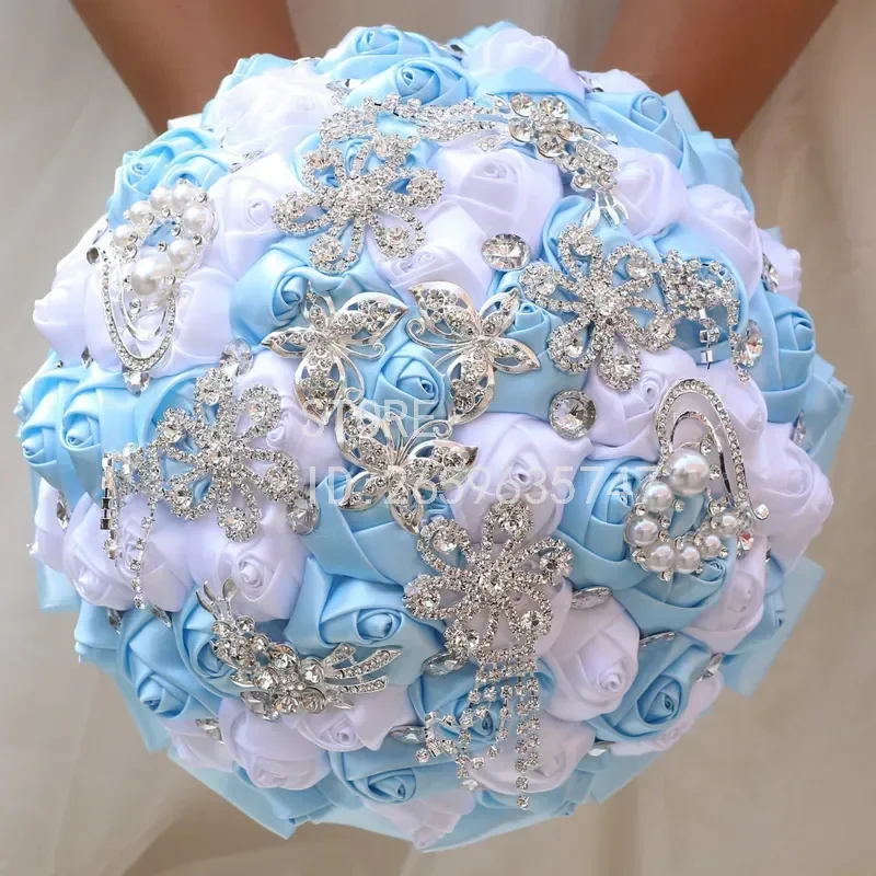 Bridal Rhinestone Bouquet Ribbon European American Wedding Simulation Flower with Diamond Buds Masonry Bouquet W2285A-21
