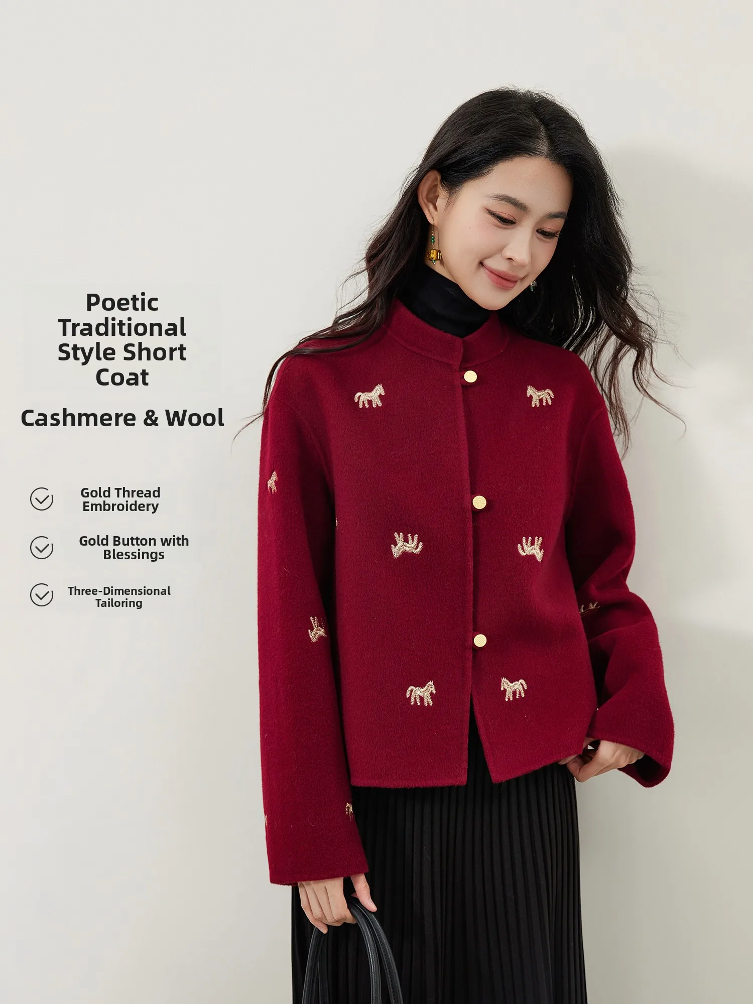 

New Year Limited Edition Wool Cashmere Jacket Women's Gold Thread Embroidery Short Chinese Style Year Coat Stand Collar...
