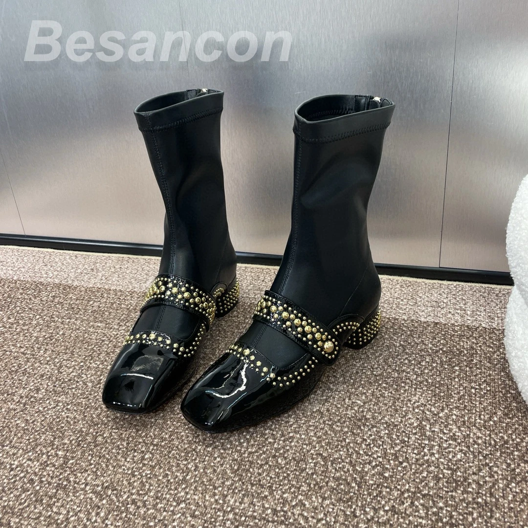 Beasencon 2024  Winter New Women\'s High-heeled boots Rivets Leather sole Top quality Formal shoes Punk style  ANKLE large size