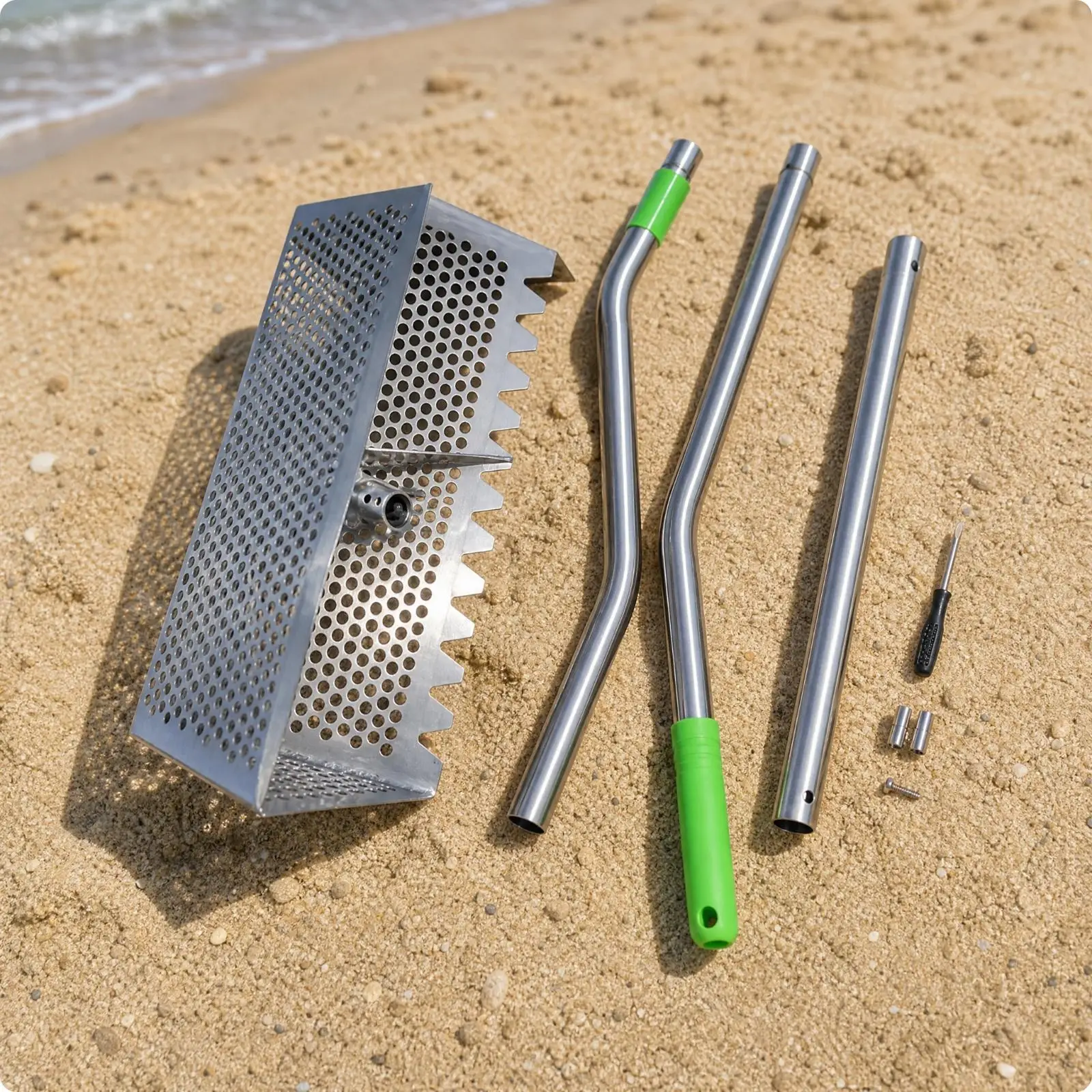 Detachable Metal Sand Flea Rake with Curved Handle Sleeves for Beach Cleaning and Grit Separation in Yard Work