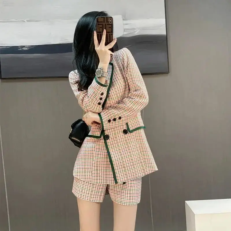 Women\'s Spring and Autumn Fashion Checker Blazer Suit Korean Elegant Chic Casual Suit Coat Shorts Two Piece Set Female Clothing