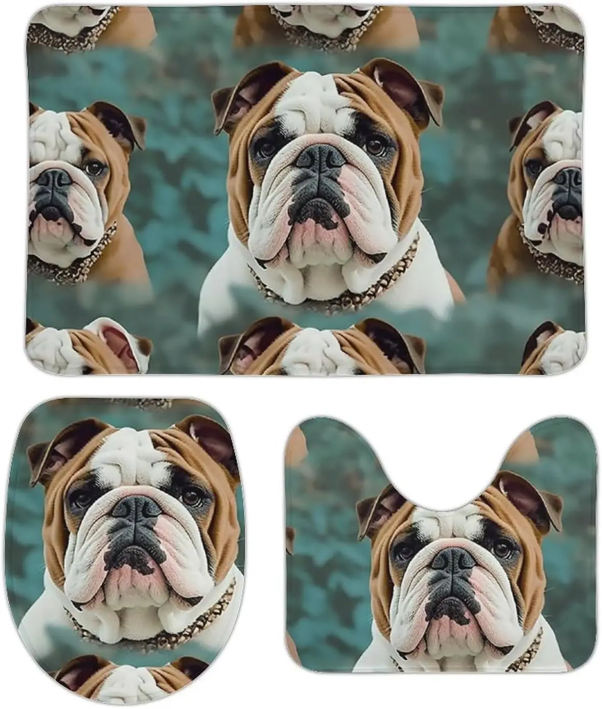 3 Piece Bath Rug Set Non Slip Absorbent Bath Mat Contour Mat with Toilet Lid Cover Funny English Bulldog Soft Floor Mats for