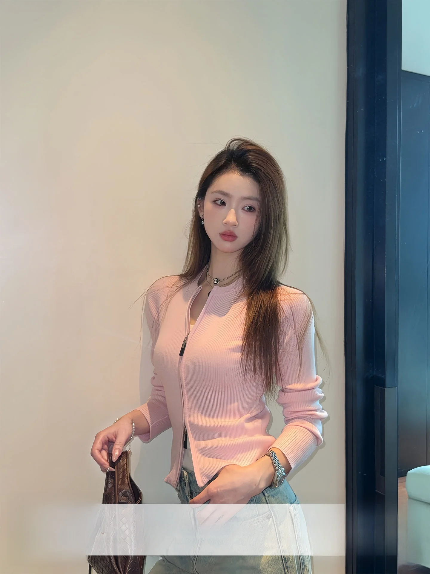 

Slim Fit Knitted Cardigan Women's Sle Dual Zipper Orange Tree Where Are You Spring Season Spicy Girl oulder Length Sweater