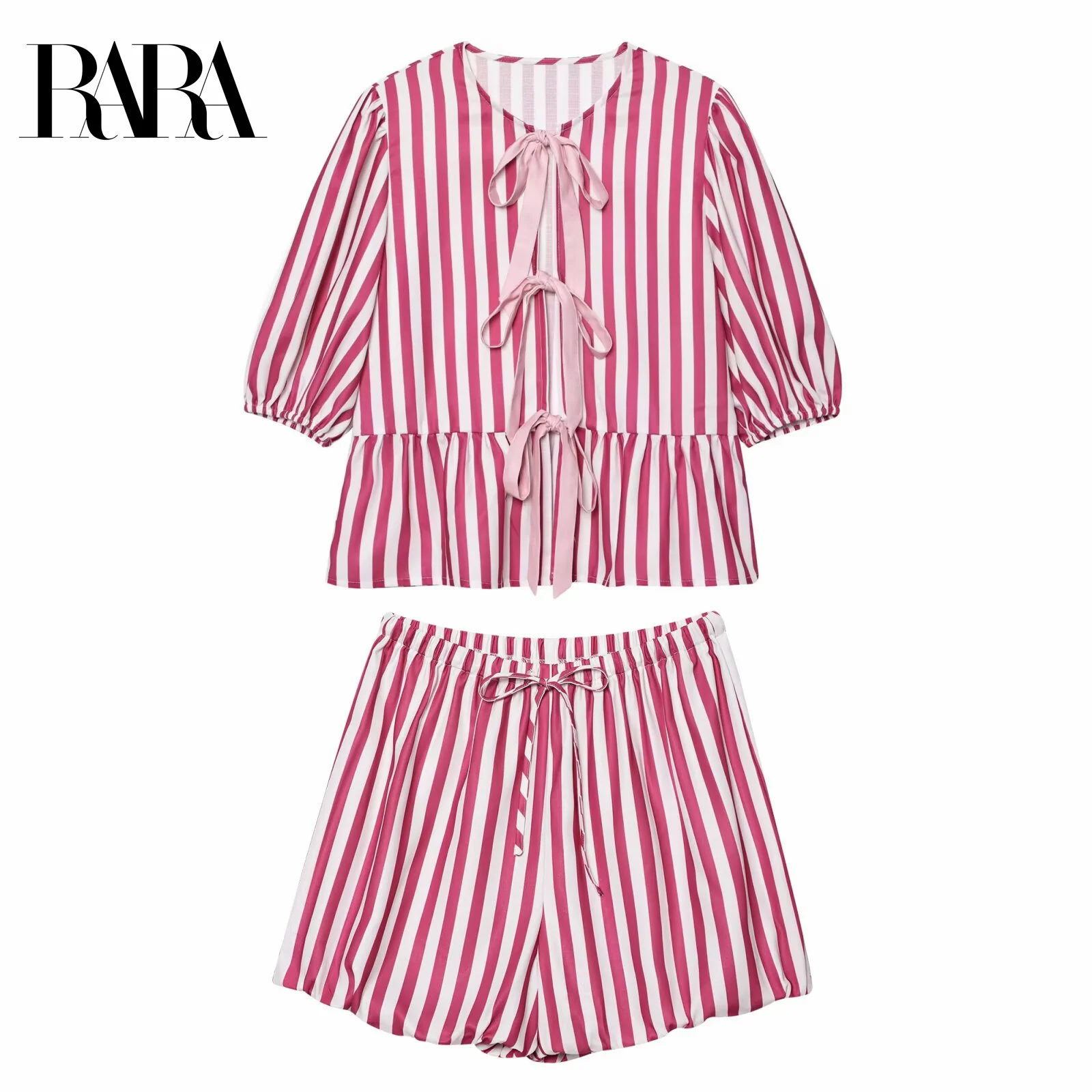 

RARA2025 New Summer Women's Casual Fashion Striped Bow Tie Placket Five-point Puff Sleeve Top With Drawstring Shorts