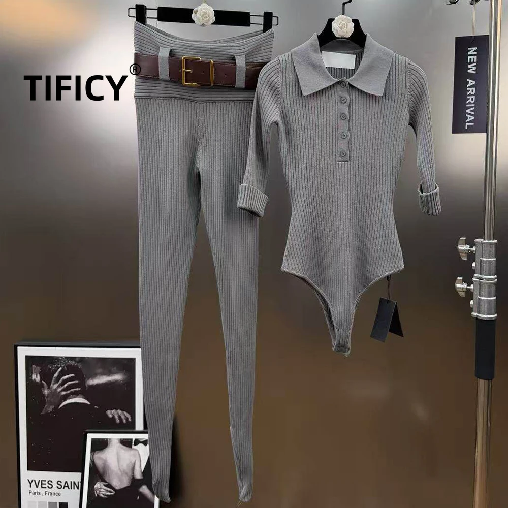 

High Street Jumpsuit and Pants Women's Spring Slim Fit Lapel Tie Jumpsuit Knit Ankle Belt and Leggings Three Piece Set