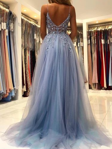 Imagen 2 del producto MisShow-vestidos de noche con tirantes, vestido de graduación con cuello en V, corte en A, vestidos con abertura alta, tirantes finos sexys, apliques de lentejuelas de ilusión