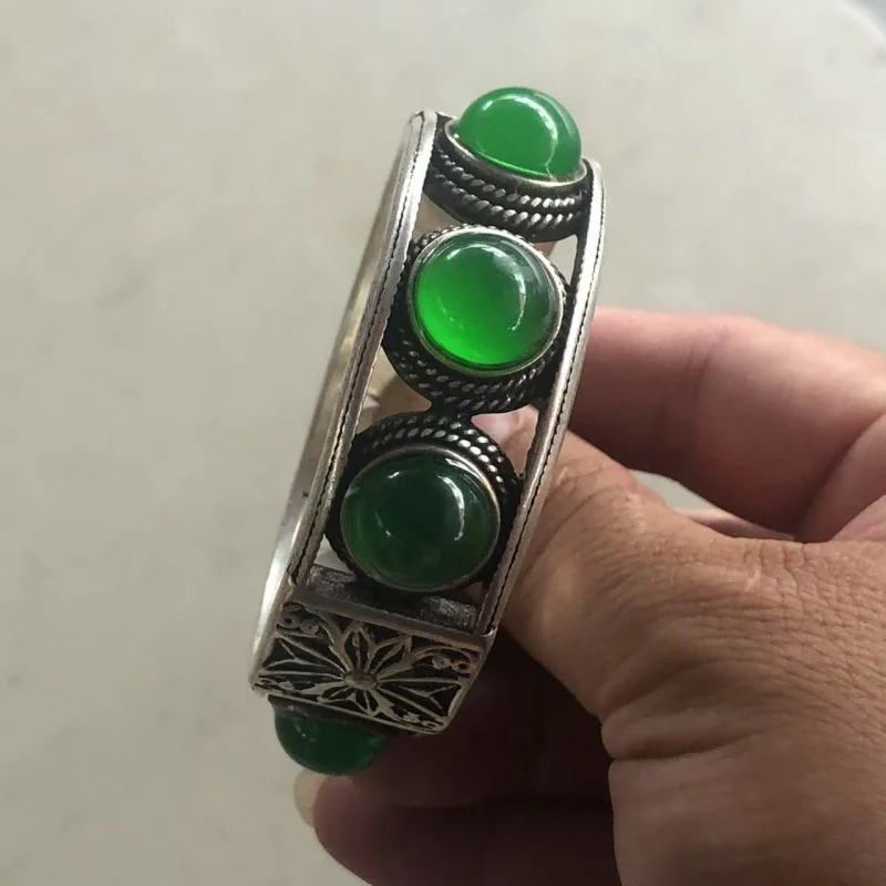 Retro Tibetan Miao Silver Wide Ethnic Style Inlaid Gemstone Carved Bracelet