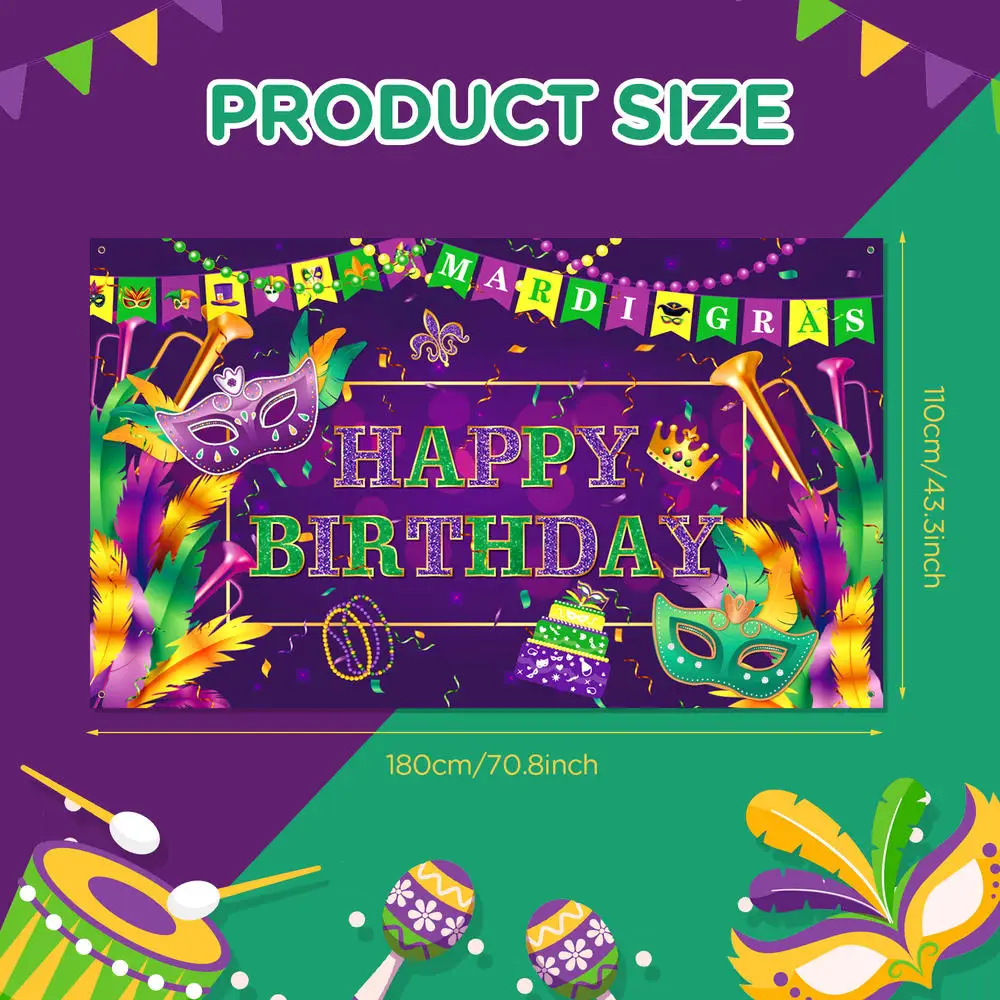 2024 Nieuwe Mardi Gras Verjaardagsfeestje Banner Achtergrond Carnaval Decoratie Glanzend Paars Zwart Verjaardag 70.8X43.3 Inch