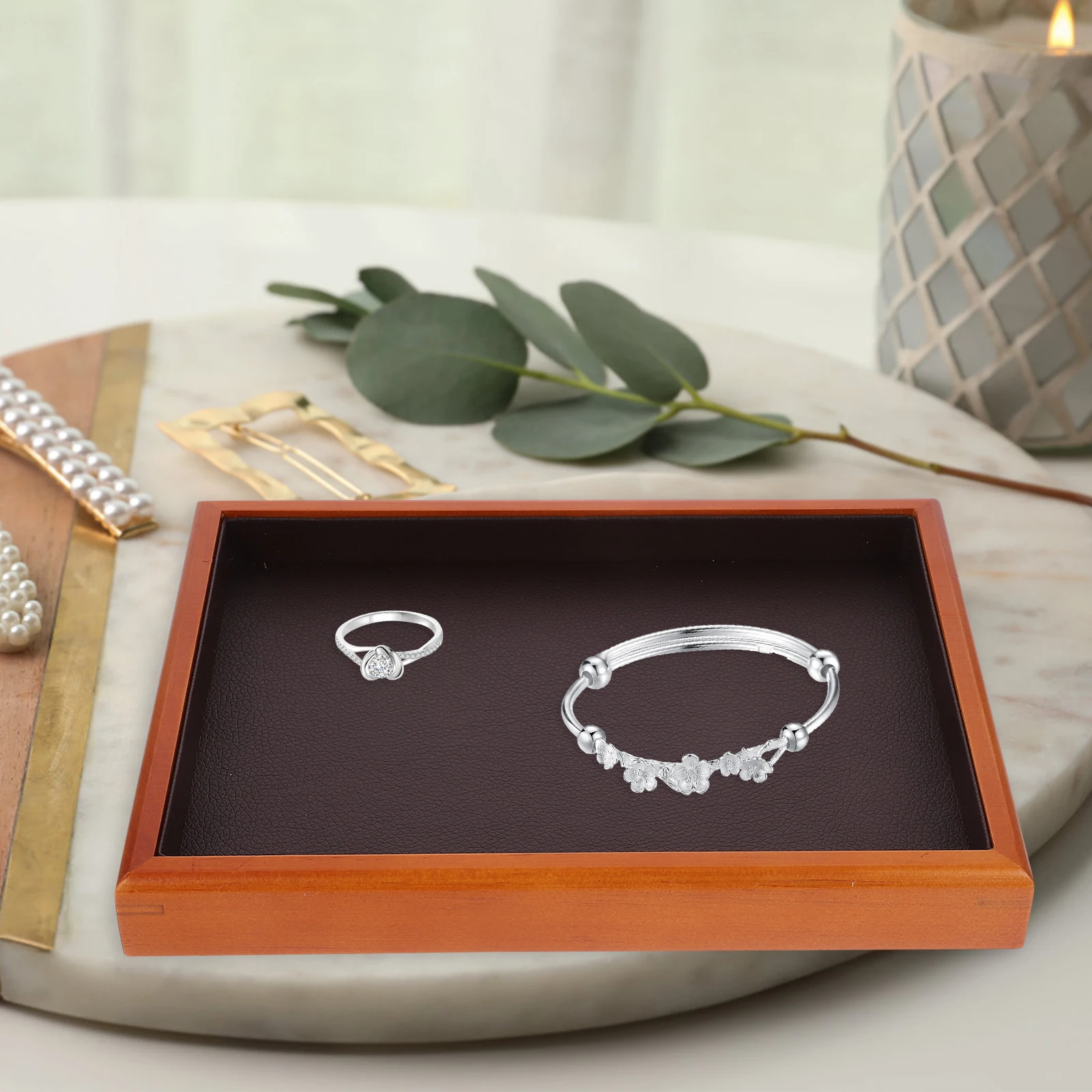 

Jewelry Tray Brown Home Decor Storage Dish for Earrings Rings Necklace Bracelets Wooden Jewelry Dish Trinket Holder Cosmetics