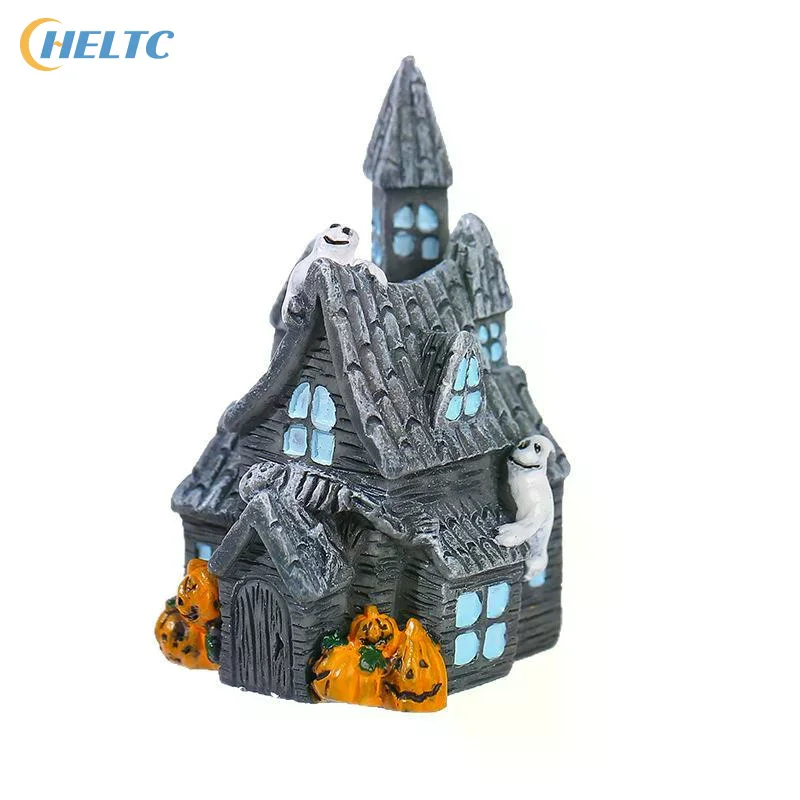 Halloween Spooky Haunted House Resin Figurine With Ghost Pumpkin Details Mini Ornament For DIY Micro Landscape Desktop Decor