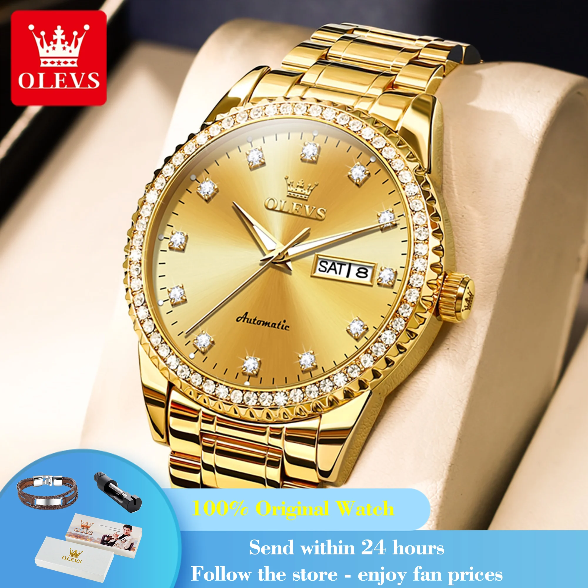 

OLEVS 7003 Automatic Watch Man Luxury Dual Calendar Mechanical Watch For Men Diamond Scale Stainless Steel Waterproof Wristwatch