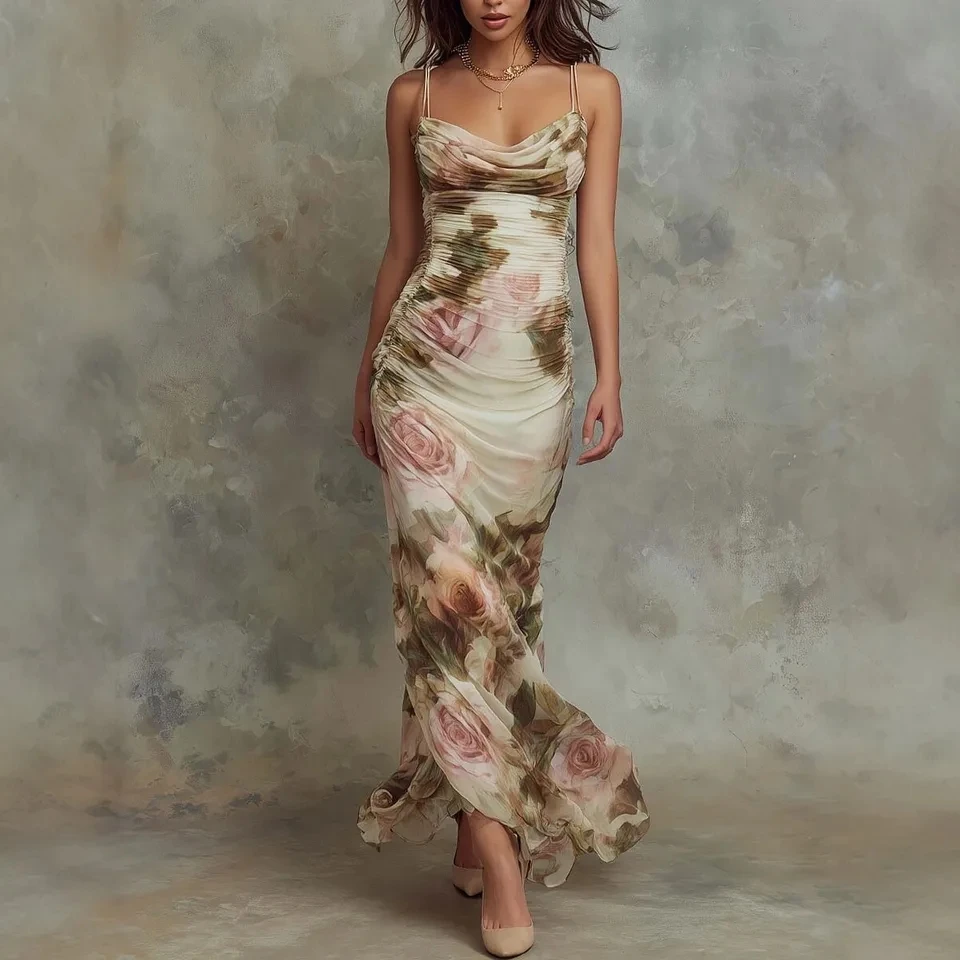 

2026 Spring New V Neck Waist Cinched Ruffle Trim Temperament Dress Women Long Chiffon Dress