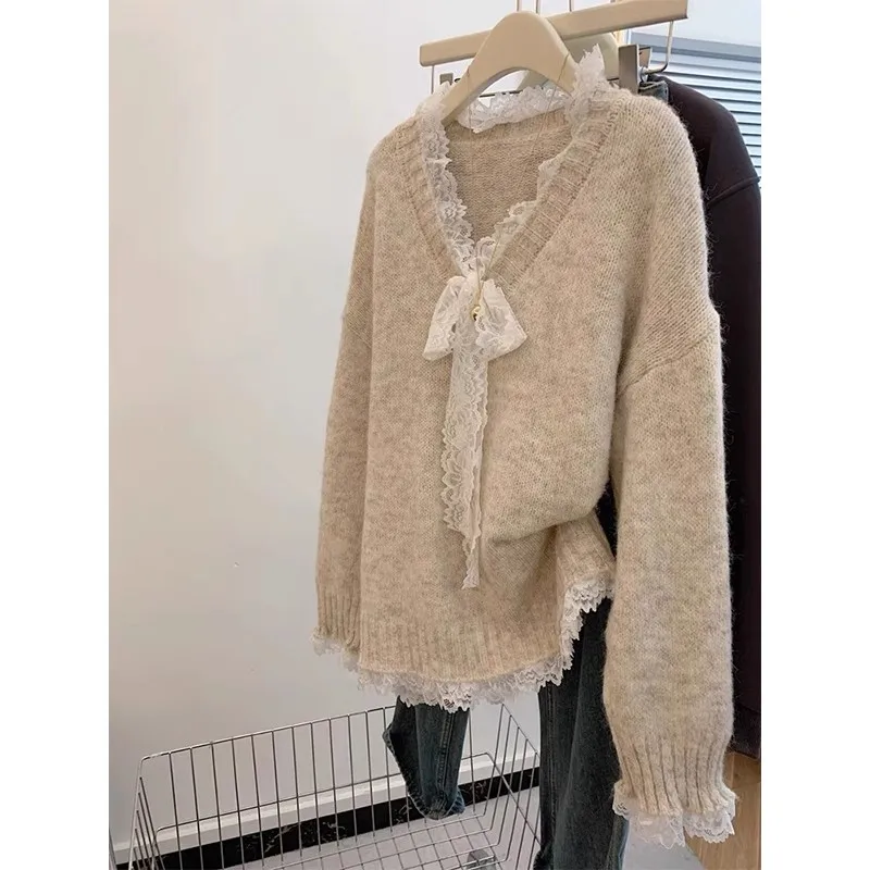 레드 브이넥 레이스 스플라이스 매듭 스웨터 여성용 가을 겨울 고급 니트 탑 스위트 슬림 핏 롱 스웨터