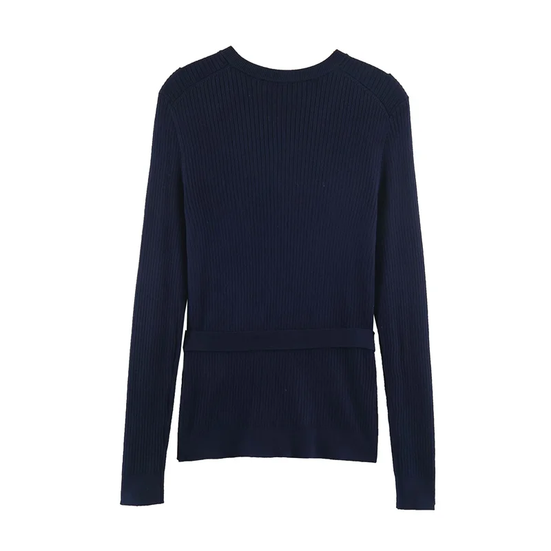 Guobioziy 2026 Autumn New Style Women's Jacket Navy Long-Sleeve Belt-Decorated Simple Knit Cardigan Elegant and Graceful