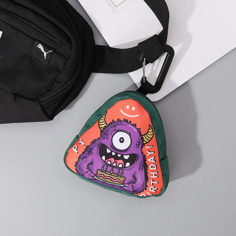 Cartoon Monster Canvas Coin Purse 3D Triangle Cute Key Bag Pendant  With Keychain Earphone Storage Bag Portable Mini Wallet