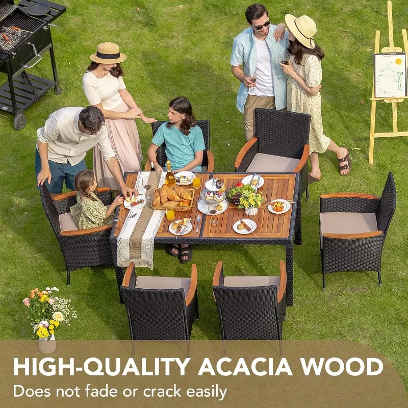 7 PCS Furniture, Patio Conversation Set with Acacia Wood Table Top, Rattan Outdoor,